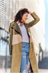 Długi Zamszowy Płaszcz Wiązany Paskiem - Khaki. Brązowe płaszcze damskie Awama, l, bez wzorów, z elastanu. Za 319.90 zł.
