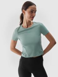 4F Koszulka do jogi i pilatesu slim szybkoschnąca damska - turkusowa L. Niebieskie bluzki sportowe damskie 4f, l, bez wzorów, z dzianiny, bez ramiączek. W wyprzedaży za 39.99 zł.