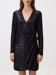 Cekinowa sukienka mini - czarny. Czarne sukienki damskie Reserved, na co dzień, l, bez wzorów, z tkaniny, bez kołnierzyka, bez ramiączek, mini, proste. Za 139.99 zł.