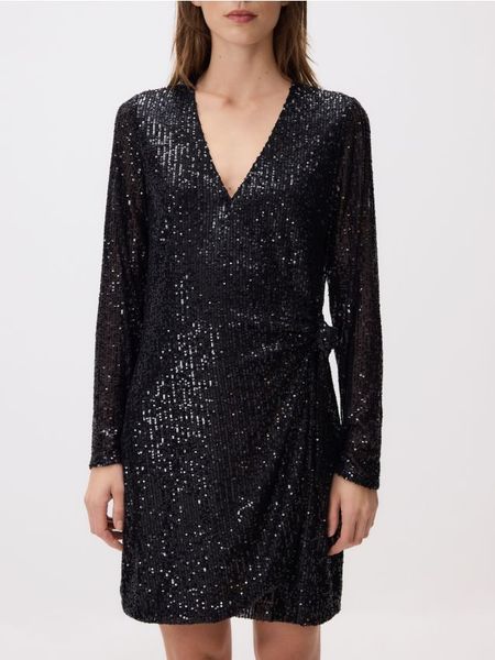 Cekinowa sukienka mini - czarny. Czarne sukienki damskie Reserved, na co dzień, l, bez wzorów, z tkaniny, bez kołnierzyka, bez ramiączek, mini, proste. Za 139.99 zł.