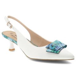 Czółenka damskie S.Barski, slingback ze skóry naturalnej z dekoracyjną aplikacją na niskim obcasie zapinane sprzączką, białe, LZ61-2006. Białe czółenka damskie S.BARSKI, z aplikacjami, ze skóry, bez obcasa, na obcasie. Za 233.90 zł.