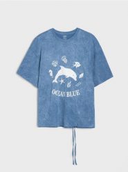 Koszulka z ozdobnym ściagaczem - mid blue. Niebieskie koszulki dziewczęce Sinsay, l, bez wzorów, bez ramiączek. Za 25.99 zł.