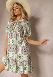 Zielona Sukienka z Wiskozowej Tkaniny w Mozaikowy Wzór Boho Naviera. Zielone sukienki damskie Renee, na imprezę, na lato, l, bez wzorów, z tkaniny, boho, bez kołnierzyka, bez ramiączek, mini. W wyprzedaży za 69.99 zł.