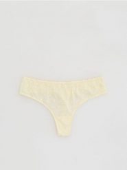 Majtki stringi z ażurowym haftem - jasnożółty. Żółte stringi damskie Reserved, l, w ażurowe wzory, z bawełny. Za 49.99 zł.