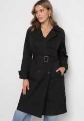 Czarny Płaszcz w Stylu Trencza Ozdobiony Paskiem z Klamrą Ninellira. Czarne płaszcze damskie Born2be, l, bez wzorów, z jeansu, eleganckie. Za 229.99 zł.