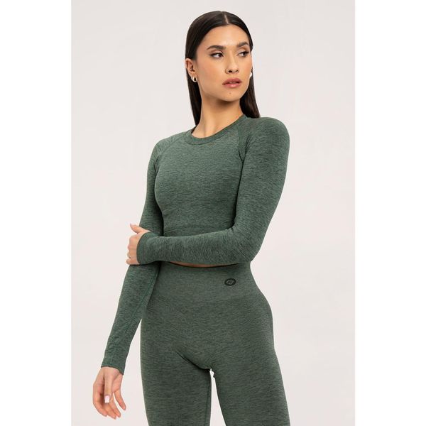 Koszulka fitness damska Gym Glamour z długim rękawem seamless. Zielone bluzki sportowe damskie GYM GLAMOUR, m, bez wzorów, bez ramiączek. Za 149.99 zł.