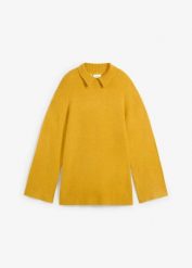 Sweter oversize ze stójką i rozcięciami po bokach. Żółte golfy damskie bonprix, bez wzorów, bez ramiączek. Za 119.99 zł.