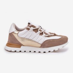 Skórzane Półbuty Sneakersy Damskie Artiker 56C1738 Beżowo-Złote beżowy. Brązowe półbuty damskie bez wzorów, ze skóry, sportowe, bez obcasa. Za 379.85 zł.