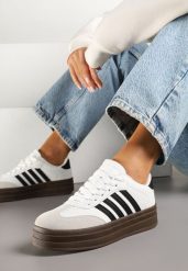 Biało-Czarne Sneakersy Kultowe Tenisówki na Grubej Podeszwie z Tłoczeniami Ellimia. Białe trampki i tenisówki damskie Renee, bez wzorów, z jeansu. Za 99.99 zł.