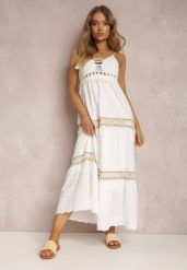 Biała Sukienka Ianina. Białe sukienki damskie Renee, m, bez wzorów, z bawełny, eleganckie, bez kołnierzyka, bez ramiączek, maxi, rozkloszowane. W wyprzedaży za 160.99 zł.