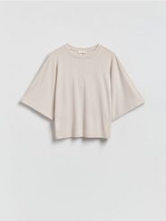 T-shirt kimono z wiskozą - beżowy. Brązowe t-shirty damskie Reserved, l, bez wzorów, z dzianiny, bez kołnierzyka. Za 79.99 zł.