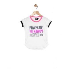 Dziewczęcy T-shirt z krótkim rękawem Power Up i kontrastowymi krawędziami. Białe koszulki dziewczęce LEONE 1947 APPAREL, bez wzorów, bez ramiączek. W wyprzedaży za 51.60 zł.