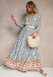 Niebieska Wiskozowa Sukienka z Printem w Stylu Boho z Chwostami Erianea. Niebieskie sukienki damskie Renee, na co dzień, l, bez wzorów, z wiskozy, boho, bez kołnierzyka, bez ramiączek, maxi, proste. W wyprzedaży za 71.99 zł.