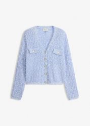 Kardigan z przędzy bouclé. Niebieskie kardigany damskie bonprix, bez wzorów. Za 189.99 zł.