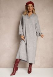 Szara Sweterkowa Sukienka z Wiskozą o Pudełkowym Kroju Ozdobiona Kołnierzykiem Clarinnae. Szare sukienki damskie Renee, bez wzorów, z wiskozy, eleganckie, bez kołnierzyka, bez ramiączek, maxi, kopertowe. W wyprzedaży za 97.99 zł.