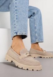 Beżowe Mokasyny z Metaliczną Klamrą Glitterfly. Brązowe mokasyny damskie Renee, z jeansu. Za 99.99 zł.