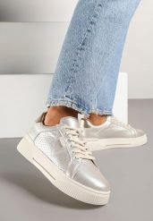 Złote Sneakersy Typu Tenisówki ze Skóry Naturalnej z Ozdobną Perforacją Vivallie. Żółte trampki i tenisówki damskie Renee, bez wzorów, z jeansu. Za 149.99 zł.