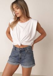 Biały Bawełniany Top Oversize Bez Rękawów z Wiązaniem i Poduszkami w Ramionach Apixie. Białe topy damskie Born2be, bez wzorów, z bawełny, bez kołnierzyka. Za 69.99 zł.