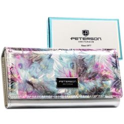 Wielokolorowy portfel damski z systemem RFID zamykany na zatrzask PTN PX22-1-NPK Peterson. Portfele damskie Peterson, bez wzorów, ze skóry. Za 124.99 zł.