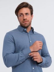 Koszula męska SLIM FIT z ozdobnej tkaniny – niebieska V1 OM-SHCS-0175 - XXL. Niebieskie koszule męskie Ombre Clothing, l, z aplikacjami, z bawełny, bez kołnierzyka, bez ramiączek. W wyprzedaży za 119.99 zł.