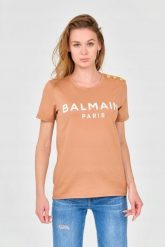 BALMAIN Brązowy damski t-shirt z guzikami, Rozmiar M. Brązowe t-shirty damskie Balmain, m, bez wzorów, bez kołnierzyka. W wyprzedaży za 1,199.99 zł.