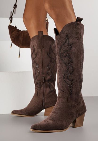 Brązowe Kozaki Kowbojki na Stożkowym Obcasie Zdobione Cyrkoniami Nalasania. Brązowe kozaki damskie Renee, z koronki, bez obcasa, na obcasie. Za 159.99 zł.