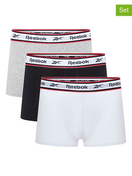 Reebok Bokserki (3 par) "Barlow" w kolorze czarnym, białym i jasnoszarym rozmiar: L. Białe bokserki męskie Reebok, bez wzorów. Za 76.45 zł.