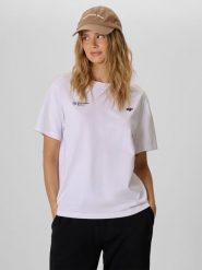 4F T-shirt loose z nadrukiem damski - biały L. Białe t-shirty damskie 4f, l, bez wzorów, z bawełny, bez kołnierzyka. Za 79.99 zł.