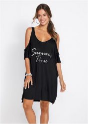 Prześwitująca sukienka plażowa. Czarne sukienki damskie bonprix, na plażę, bez wzorów, eleganckie, bez kołnierzyka, bez ramiączek. Za 59.99 zł.