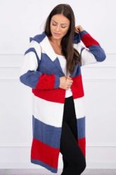 Sweter w pasy trzykolorowy ecru+jeans+czerwony. Czerwone swetry klasyczne damskie KESI, l, z jeansu, bez kołnierzyka, plus size. Za 178.78 zł.