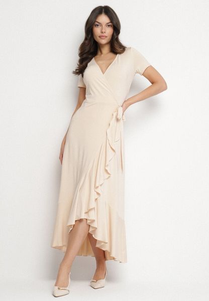 Beżowa Sukienka z Paskiem Kopertowa Ozdobiona Falbanami Wleffia. Brązowe sukienki damskie Born2be, na spacer, na lato, l, bez wzorów, eleganckie, bez kołnierzyka, bez ramiączek, mini, kopertowe. Za 149.99 zł.