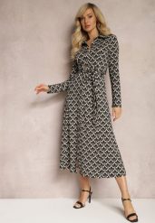 Czarno-Biała Koszulowa Sukienka Midi Ozdobiona Geometrycznym Wzorem i Wiązanym Paskiem Aripel. Czarne sukienki damskie Renee, l, bez wzorów, z materiału, eleganckie, bez kołnierzyka, bez ramiączek, midi, koszulowe. W wyprzedaży za 132.99 zł.