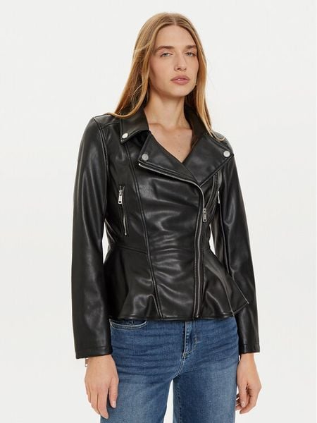Guess Kurtka z imitacji skóry W4BL3T KCP70 Czarny Regular Fit. Czarne kurtki damskie Guess, xs, z aplikacjami, ze skóry, bez kaptura. Za 429.99 zł.