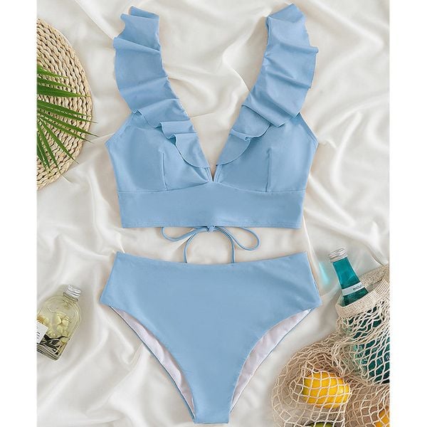 Dwuczęściowy strój kąpielowy z falbankami i wysoką talią Iolanthe. Niebieskie bikini damskie Intica, bez wzorów. Za 149.00 zł.