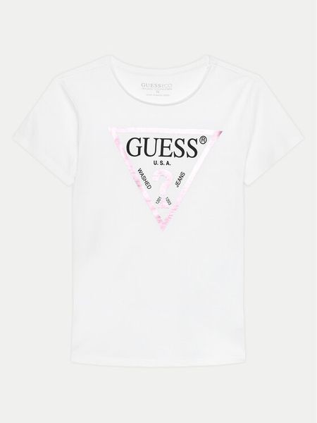 Guess T-Shirt J73I56 K8HM0 Biały Regular Fit. Białe koszulki dziewczęce Guess, z aplikacjami, z bawełny, bez ramiączek. Za 79.99 zł.