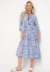Niebieska Rozkloszowana Sukienka w Stylu Boho Wiązana przy Dekolcie z Falbankami Dimasia. Niebieskie sukienki damskie Born2be, na imprezę, l, bez wzorów, boho, bez kołnierzyka, bez ramiączek, midi, rozkloszowane. W wyprzedaży za 103.99 zł.