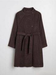 Płaszcz z domieszką wiskozy wiązany w talii - brązowy. Brązowe płaszcze damskie Sinsay, l, bez wzorów, z wiskozy. Za 119.99 zł.