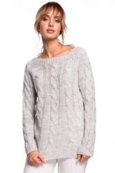 Sweter damski ze splotem typu warkocz szary. Szare swetry klasyczne damskie Sukienki.shop, l, z dzianiny, bez kołnierzyka. Za 109.00 zł.