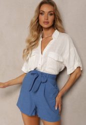 Granatowe Casualowe Szorty w Stylu Bermudów z Bawełny z Materiałowym Paskiem i Wszytą z Tyłu Gumką Lovanara. Niebieskie szorty damskie Renee, bez wzorów, z bawełny, eleganckie. Za 54.99 zł.