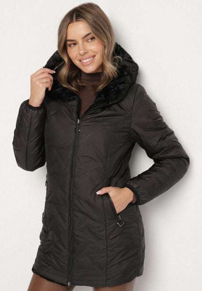 Czarna Pikowana Kurtka Dwustronna z Kapturem i Futerkiem Rinaresa. Czarne kurtki damskie Born2be, l, bez wzorów, z jeansu, z kapturem. Za 139.99 zł.