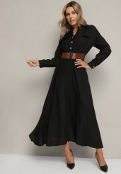 Czarna Rozkloszowana Sukienka Koszulowa z Paskiem i Gumką w Talii Zinavie. Czarne sukienki damskie Born2be, na imprezę, m, bez wzorów, eleganckie, bez kołnierzyka, bez ramiączek, maxi, koszulowe. Za 109.99 zł.