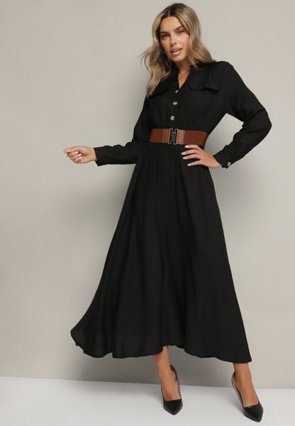 Czarna Rozkloszowana Sukienka Koszulowa z Paskiem i Gumką w Talii Zinavie. Czarne sukienki damskie Born2be, na imprezę, m, bez wzorów, eleganckie, bez kołnierzyka, bez ramiączek, maxi, koszulowe. Za 109.99 zł.