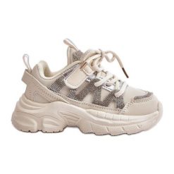 Sneakersy Dziecięce Z Cyrkoniami Beżowe Rianalla beżowy. Brązowe buty sportowe dziewczęce bez wzorów, z materiału, bez zapięcia. Za 159.39 zł.