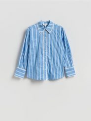 Koszula w paski - jasnoniebieski. Niebieskie koszule damskie Reserved, l, bez wzorów, z bawełny, bez kołnierzyka, bez ramiączek. Za 159.99 zł.