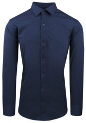 Męska Koszula z Dzianinowej Tkaniny - Krój Taliowany - Ciemny Niebieski. Niebieskie koszule męskie Pazzani, m, bez wzorów, z bawełny, bez kołnierzyka, bez ramiączek. Za 199.00 zł.