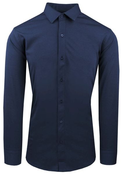 Męska Koszula z Dzianinowej Tkaniny - Krój Taliowany - Ciemny Niebieski. Niebieskie koszule męskie Pazzani, m, bez wzorów, z bawełny, bez kołnierzyka, bez ramiączek. Za 199.00 zł.