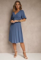 Granatowa Rozkloszowana Sukienka z Bawełnianej Tkaniny Lirioneae. Niebieskie sukienki damskie Renee, na co dzień, l, bez wzorów, z bawełny, eleganckie, bez kołnierzyka, bez ramiączek, midi, rozkloszowane. W wyprzedaży za 52.49 zł.