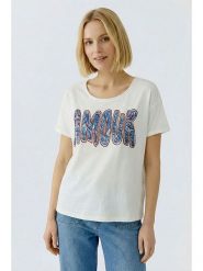 Oui Koszulka w kolorze kremowo-niebieskim rozmiar: 40. Brązowe bluzki damskie Oui, bez wzorów, z bawełny, bez kołnierzyka, bez ramiączek. Za 152.99 zł.