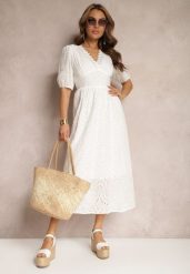 Biała Sukienka z Bawełny o Haftowanym Wykończeniu z Gumką w Talii Lomeda. Białe sukienki damskie Renee, na imprezę, na lato, m, bez wzorów, z bawełny, eleganckie, bez kołnierzyka, bez ramiączek, maxi. W wyprzedaży za 111.99 zł.
