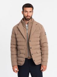 Pikowana męska kurtka o kroju marynarki – beżowa V5 OM-JALP-0188 - XXL. Brązowe kurtki męskie Ombre Clothing, z aplikacjami, z gumy. W wyprzedaży za 169.99 zł.